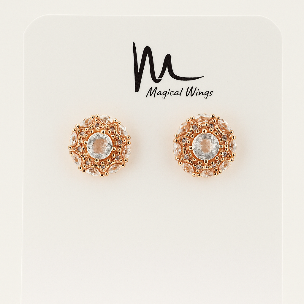 Rose gold earrings with clear gemstones on a white background, branded 'Magical Wings'.