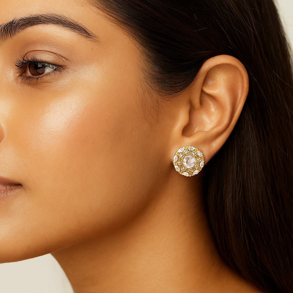 Close-up of a woman wearing a gold earring with a pearl center.