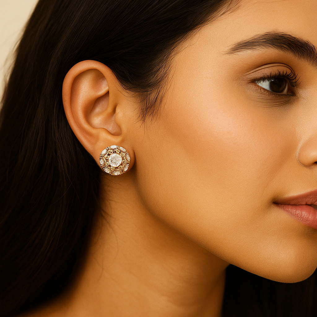 Close-up of a woman wearing gold earrings with a beige background