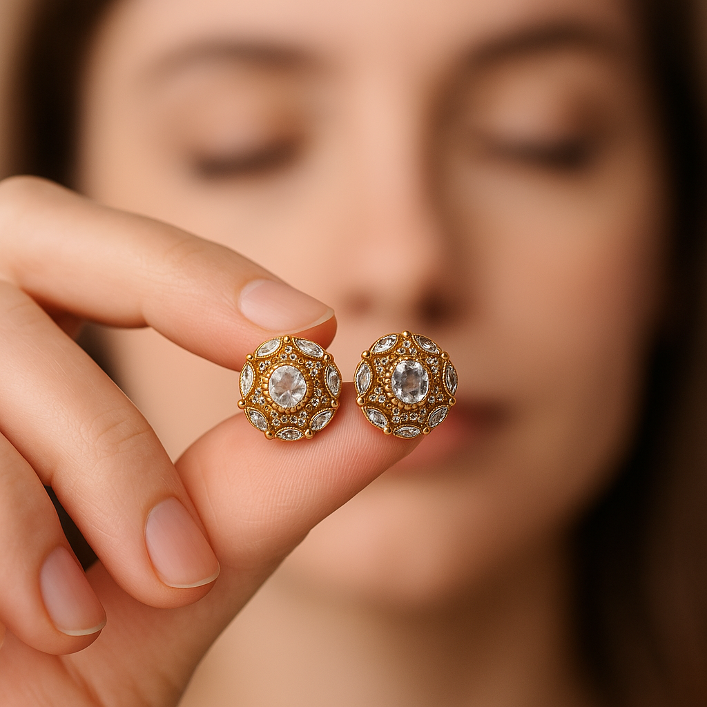 Gold earrings with gemstones held by a hand against a blurred background