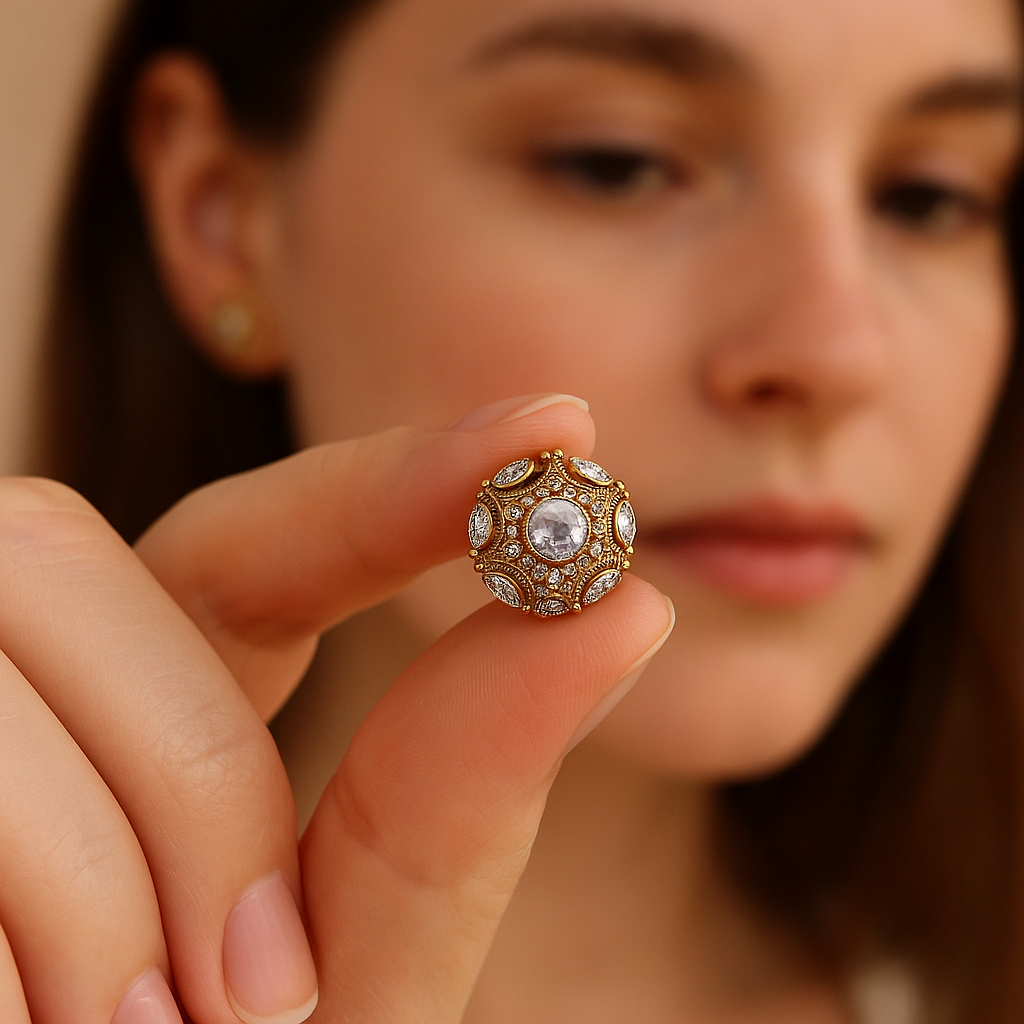 Close-up of a woman holding a decorative earring with intricate design.