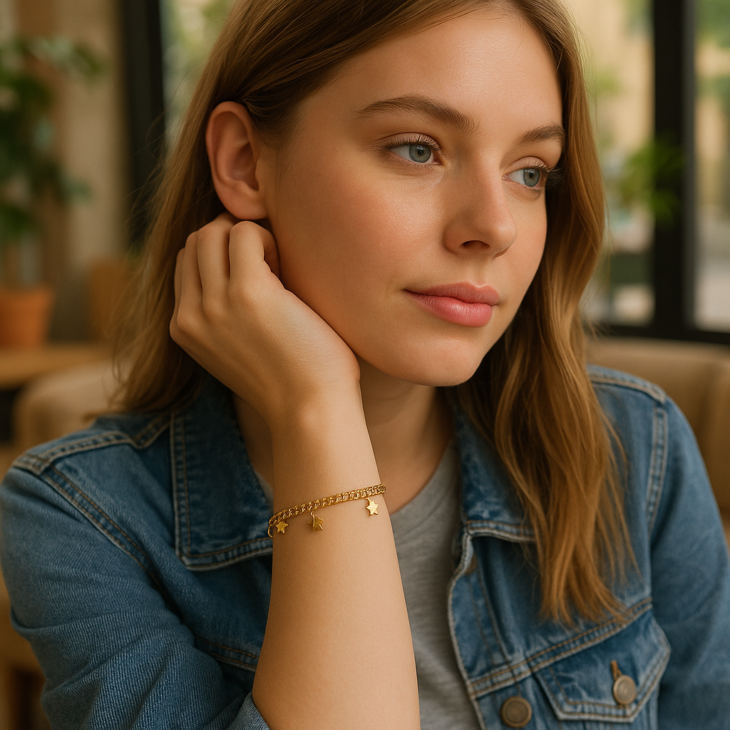 Woman wearing a denim jacket and gold bracelet with a blurred indoor background