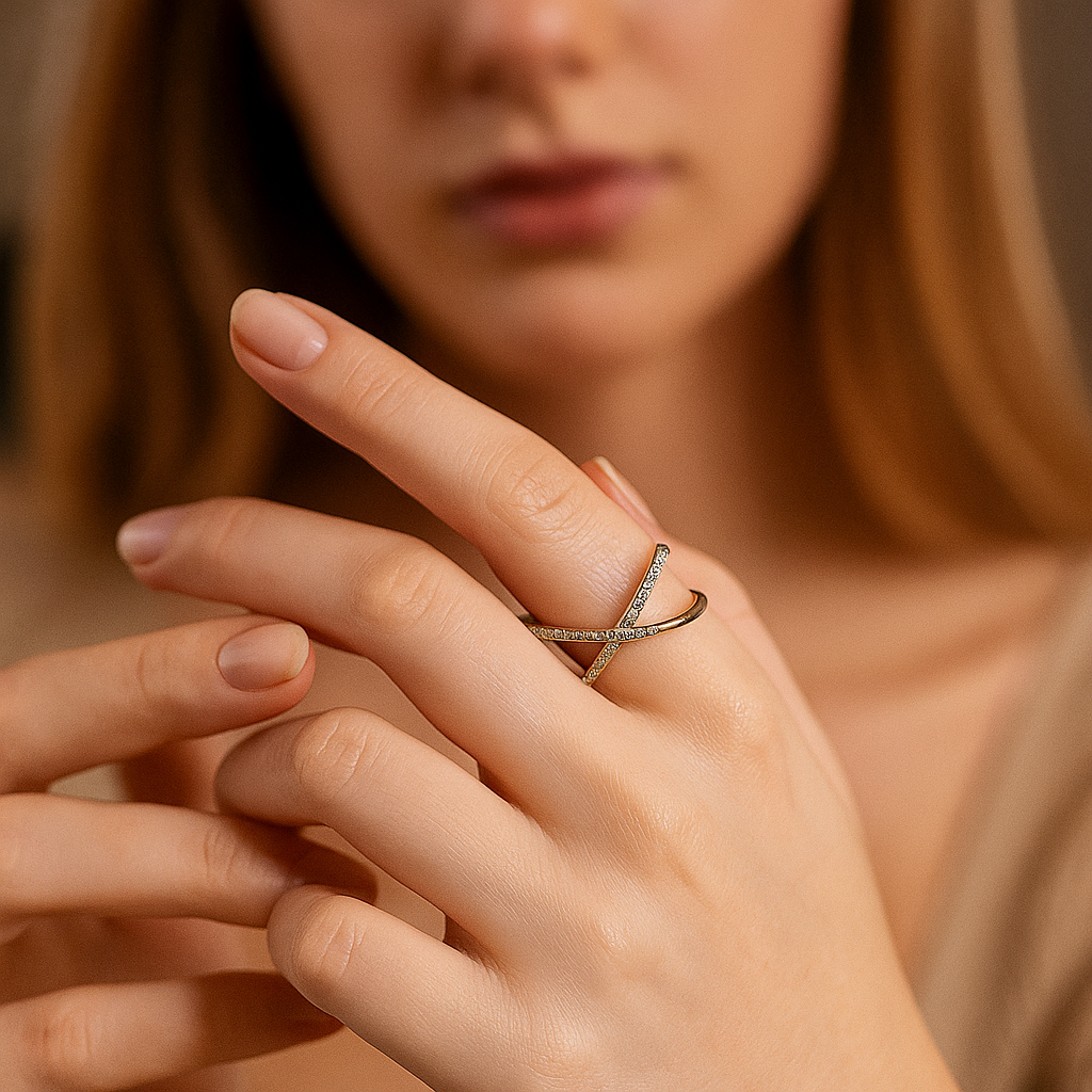 Close-up of a hand wearing a silver ring with a blurred background