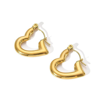 This image displays a pair of elegant heart-shaped earrings crafted in 18kt gold. The earrings feature a classic hoop design, smoothly transitioning into a heart motif at the bottom, providing a charming and romantic aesthetic.