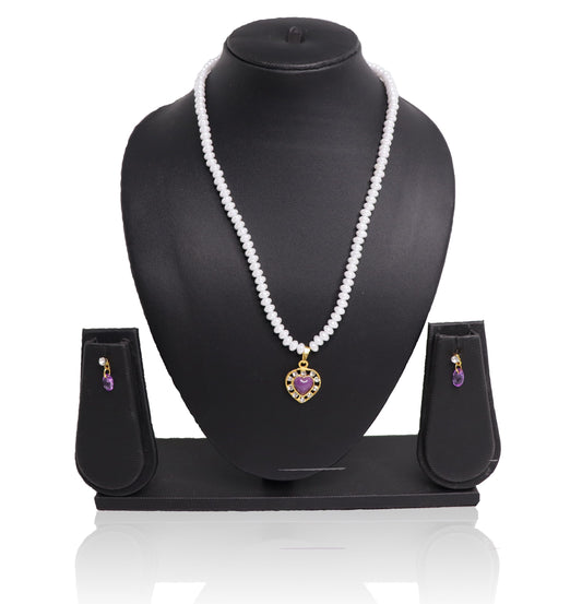 A pearl violet pendant set consisting of a necklace and earrings displayed on a black stand, with the necklace featuring a purple and white color scheme.