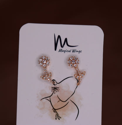 A pair of stud earrings with a floral pattern in a silver tone, displayed on a branded card with 'Magical Wings' logo.