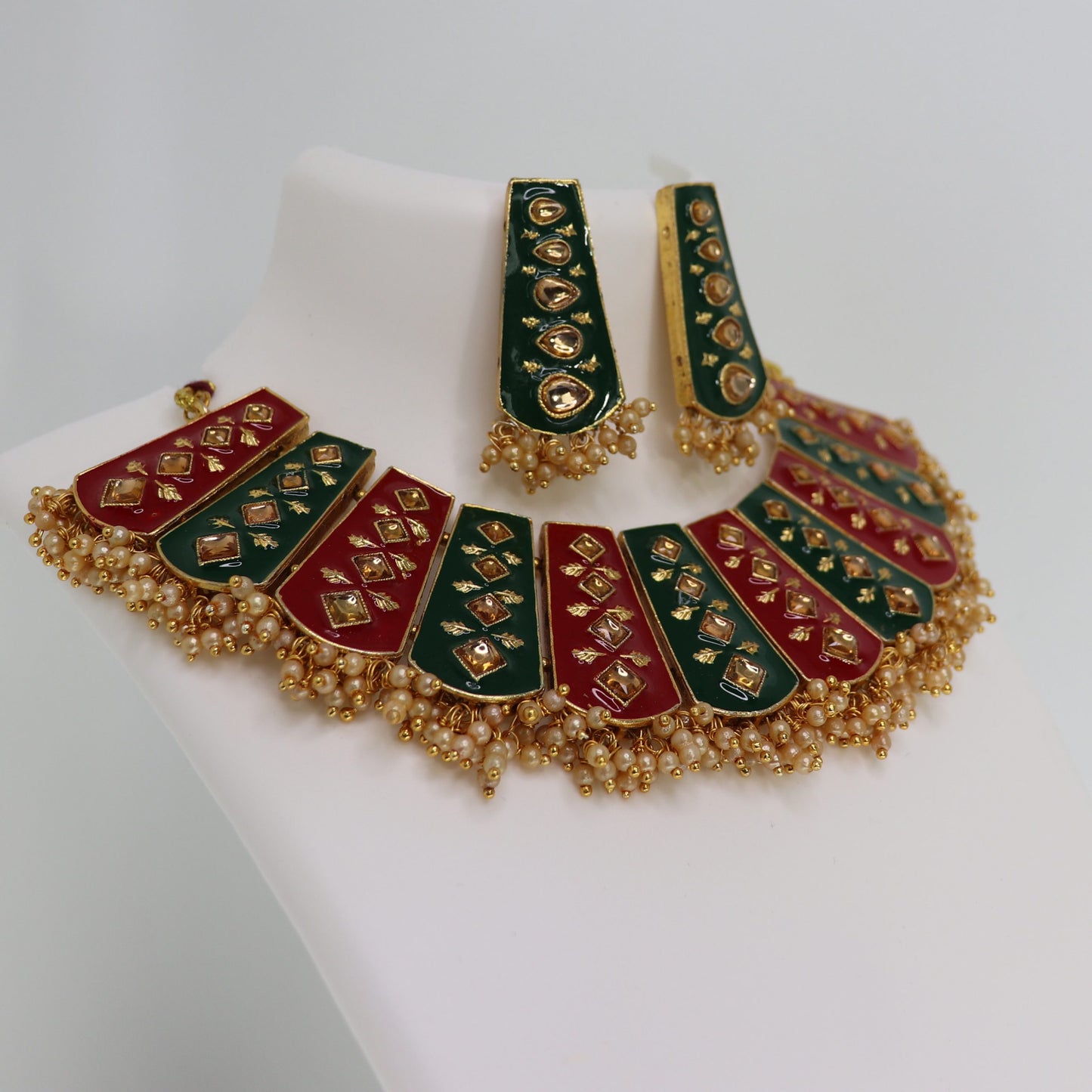 Red-Green Meenakari Kundan Set
